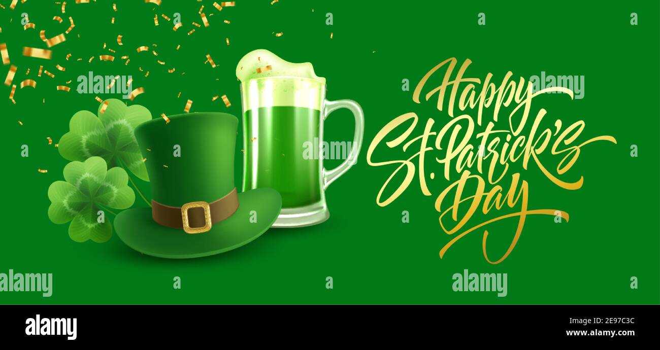 Happy St. Patricks Day greeting background for postcard, banner, poster. Leprechaun hat with clover leaves and green beer. Vector illustration Stock Vector
