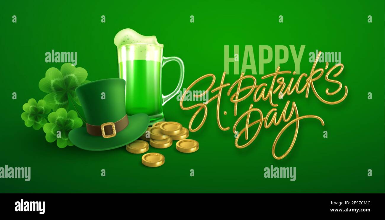 Happy St. Patricks Day greeting background for postcard, banner, poster. Leprechaun hat with clover leaves, green beer and gold coins. Stock Vector