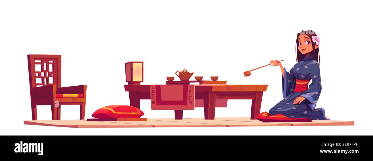 Japanese tea ceremony. Girl in kimono and traditional wooden furniture of chinese living room. Vector cartoon illustration with geisha, cups and teapot on table, chair and red cushions Stock Vector