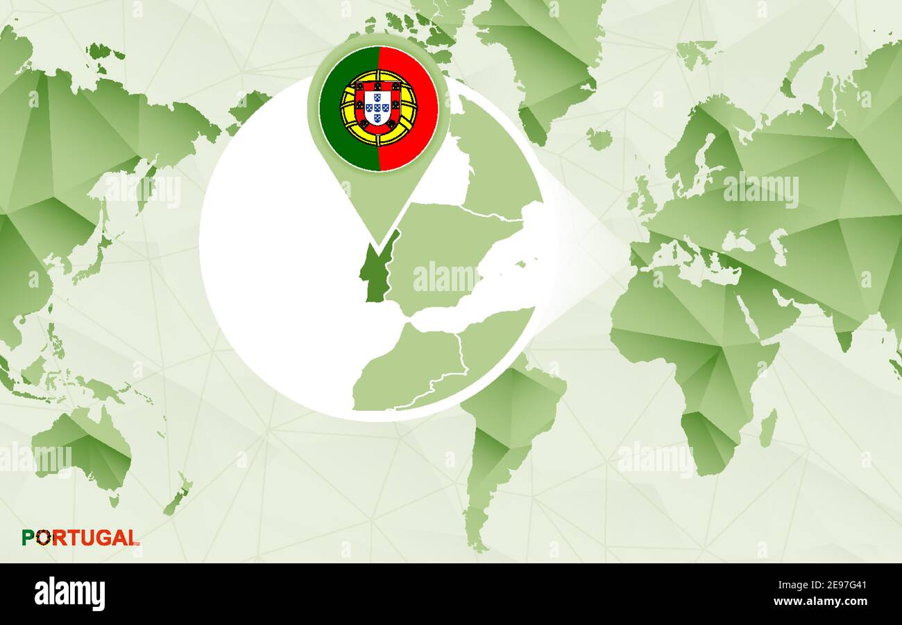 America Centric World Map With Magnified Portugal Map Green Polygonal America Centric World Map With Magnified Portugal Map Green Polygonal World Map 2E97G41