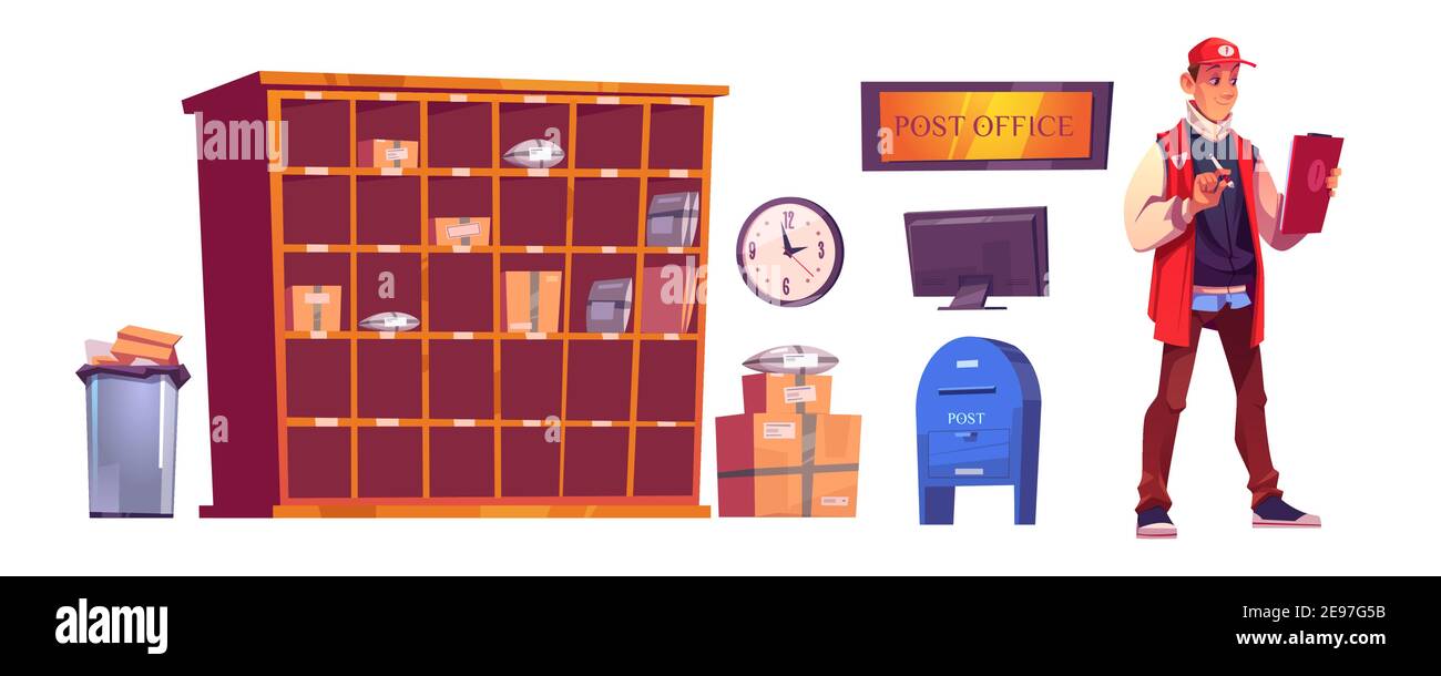Postman and post office with parcels on shelves, cardboard boxes, computer and mailbox. Vector cartoon interior Postman and post office with parcels on shelves, cardboard boxes, computer and mailbox. Vector cartoon interior