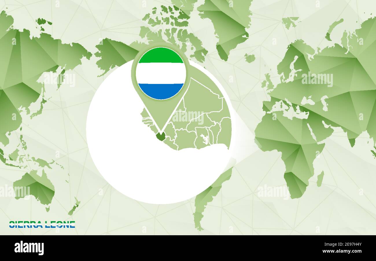 America centric world map with magnified Sierra Leone map. Green ...