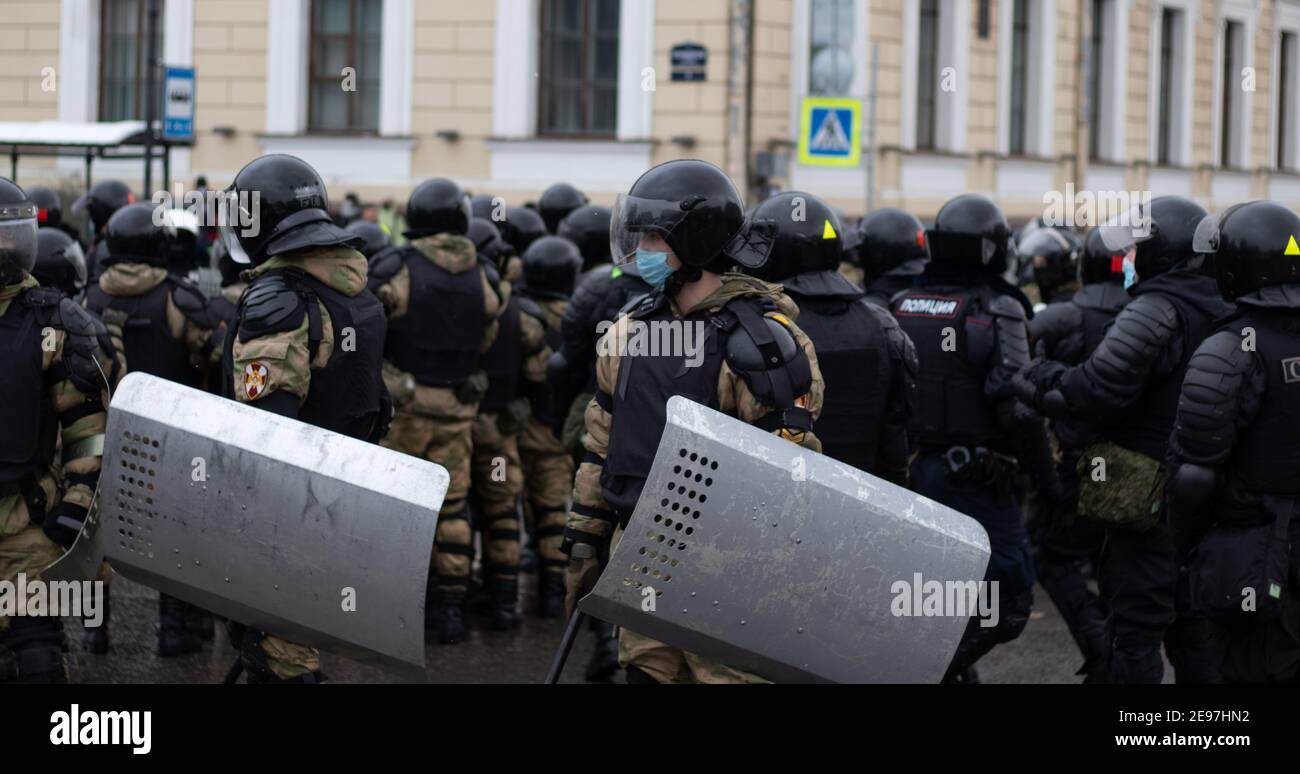 Saint Petersburg, Russia - 31 January 2021: Armed police force, military squad on street. Free Navalny protest, Illustrative Editorial Stock Photo