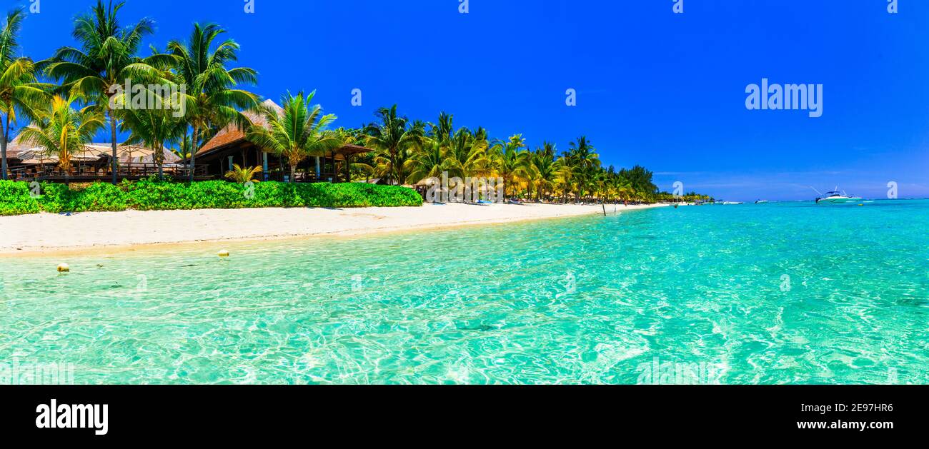 Tropical relaxing holidays in one of the best beaches of Mauritius island Le Morne Stock Photo