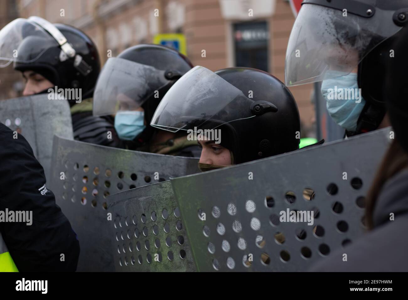 Saint Petersburg, Russia - 31 January 2021: Police riot force line portrait close-up, Illustrative Editorial Stock Photo