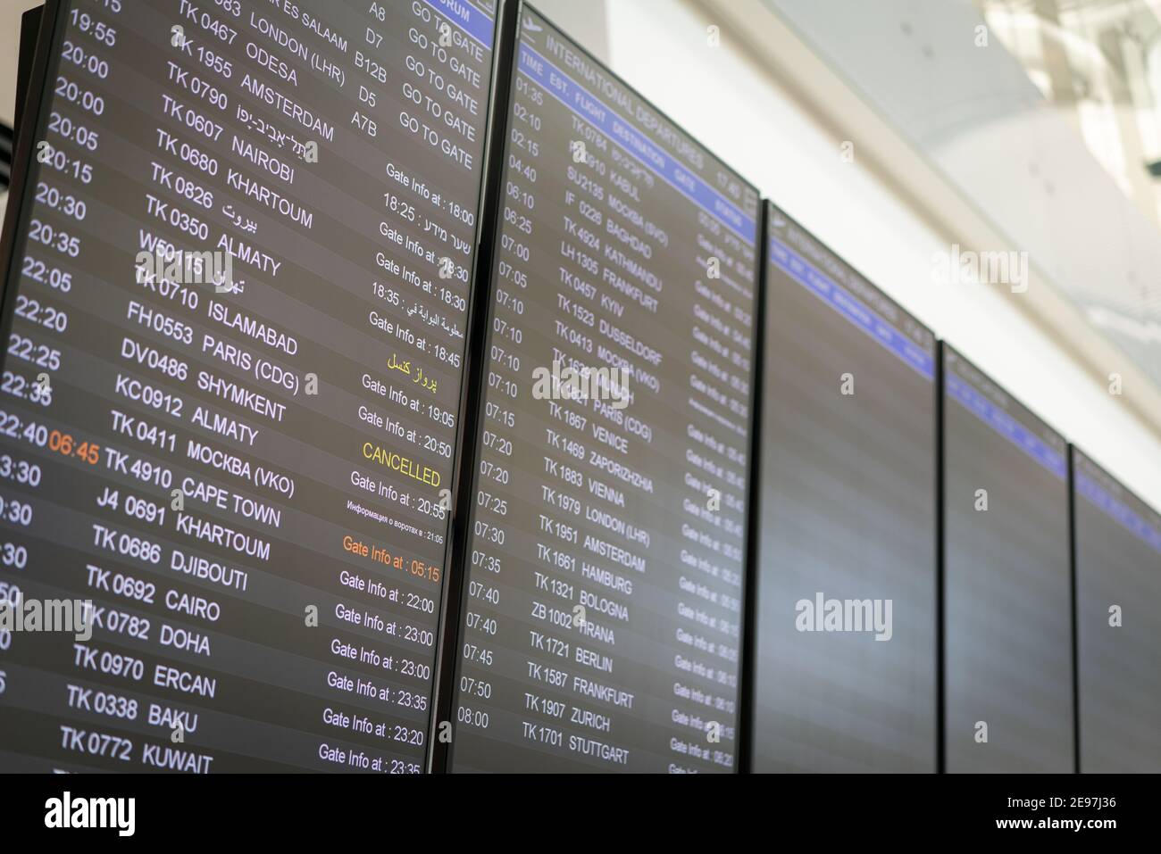 Airport board of departures in Istanbul Stock Photo
