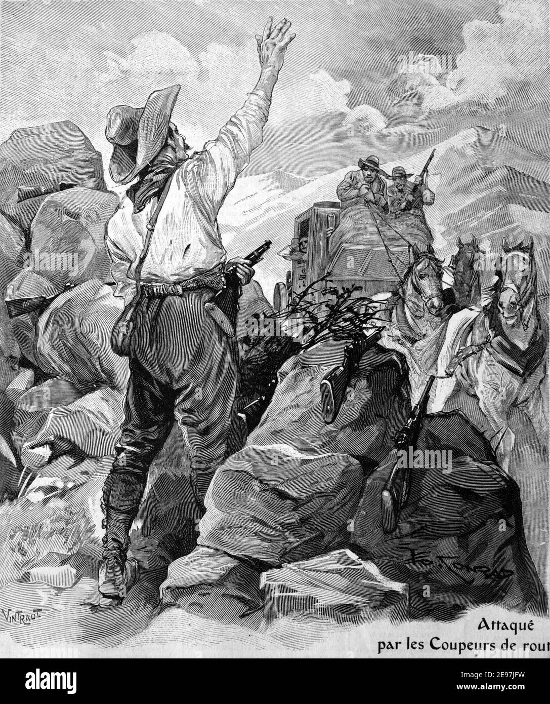 Highwatmen Blockade Road in Attack on Mail Coach, or Stagecoach Attacked by Bandits in USA 1911 Vintafe Illustration or Engraving Stock Photo