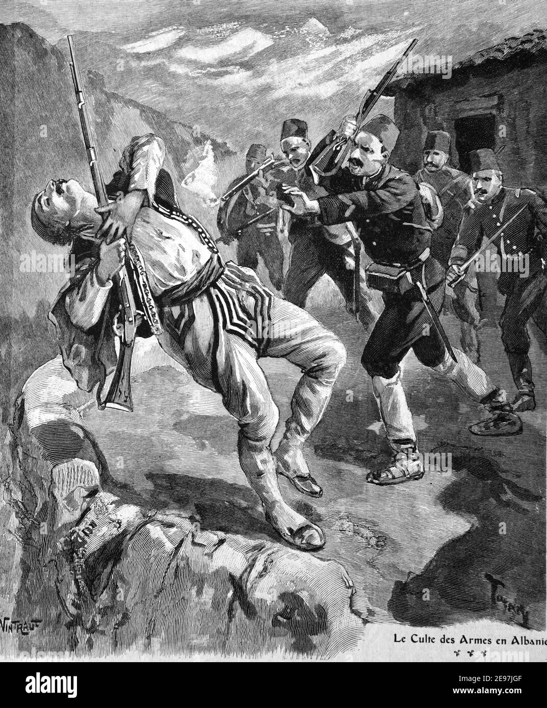 War in the Balkans Ottoman Turkish Soldiers or Forces Confronting Rebel during Uprising Against Turkish Rule before First Balkan War (1912-1913) 1911 Vintage Illustration or Engraving Stock Photo