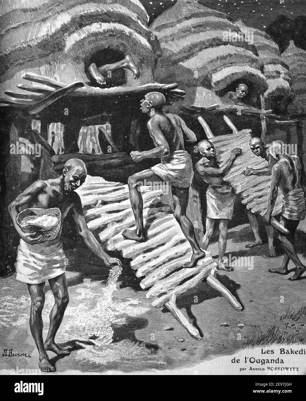 Teso Men, known as Etesot, Constructing Batchelor Huts of Teso People Uganda or West Kenya 1911 Vintage Illustration or Engraving Stock Photo