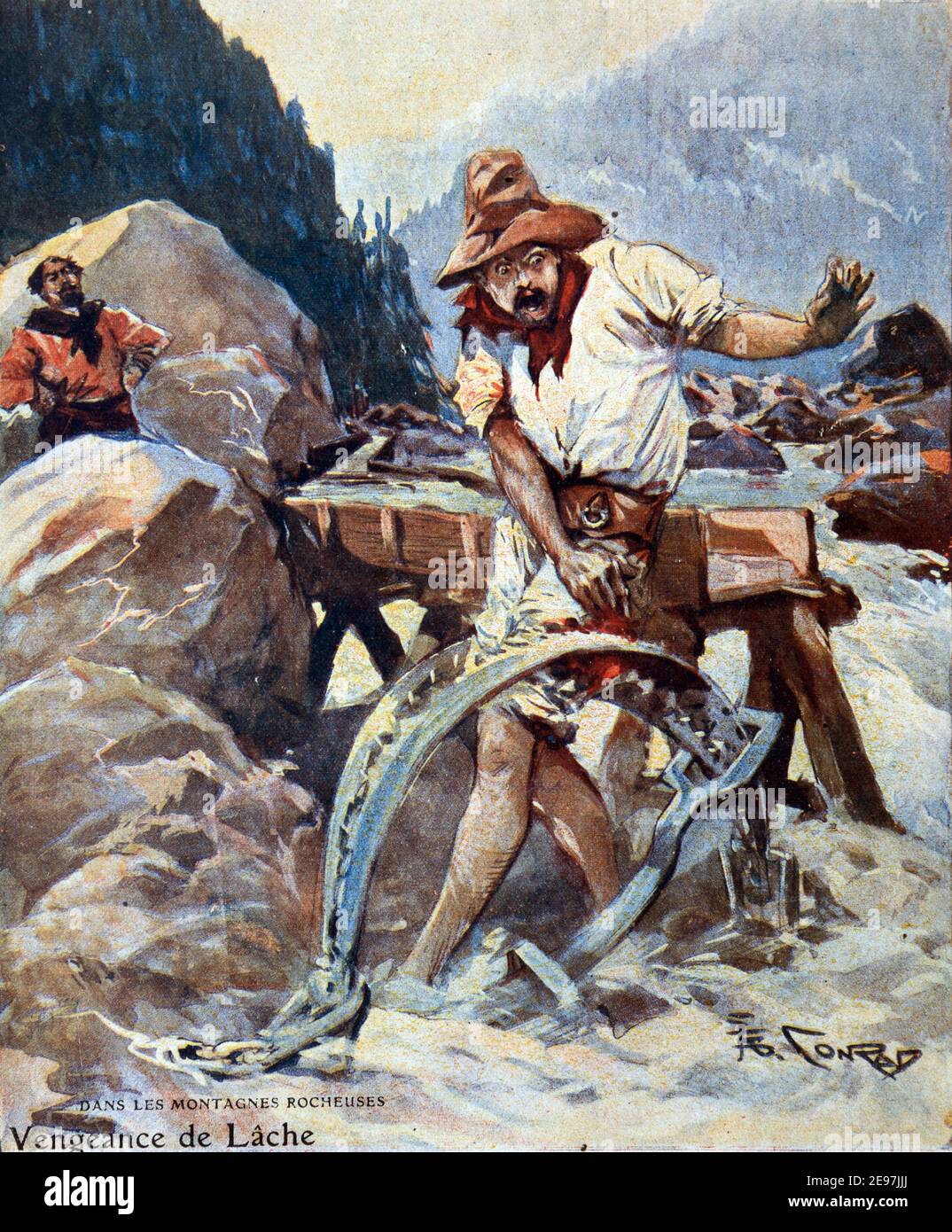 Prospector Caught in Mantrap, Animal Trap, Leg Trap or Man Trap in the Rocky Mountains North America 1911 Vintage Illustration Stock Photo