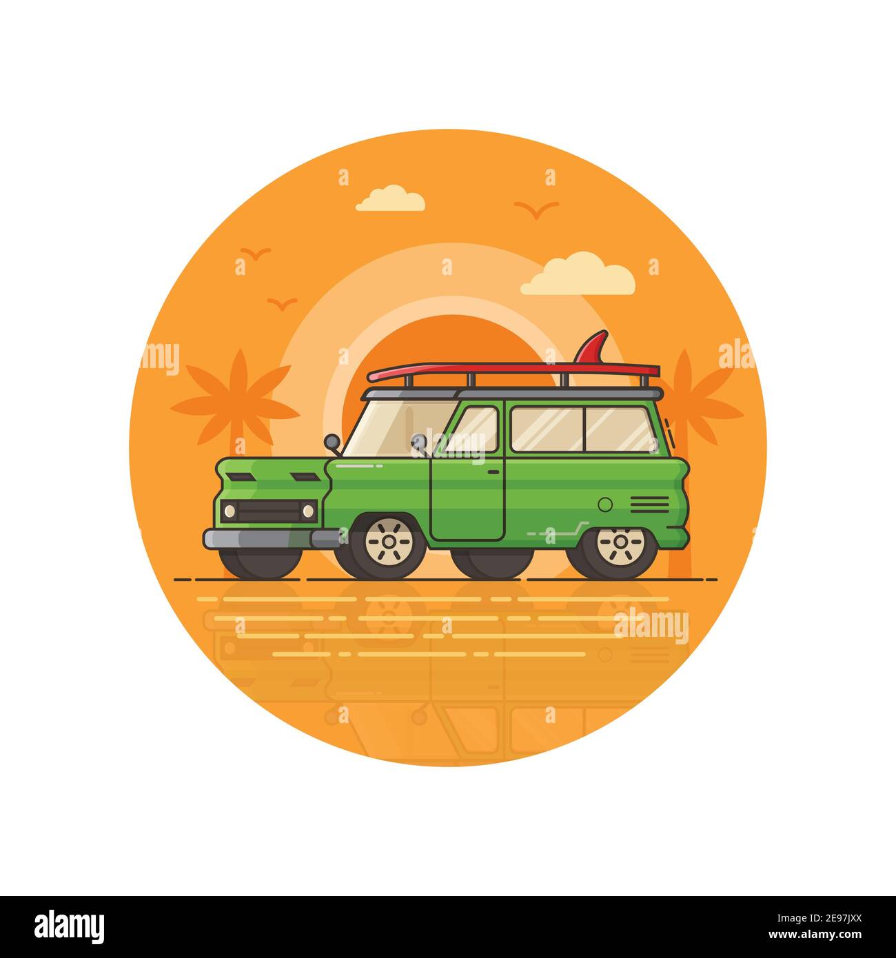 Surfing Car Seaside Icon in Line Art Stock Vector