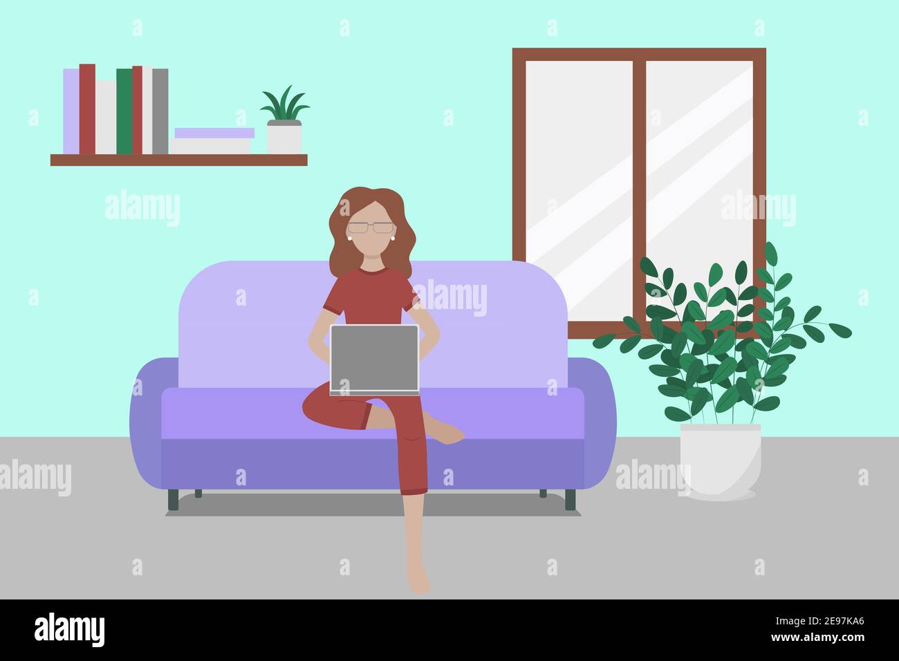 The woman works at home. Vector, girl on the couch with a laptop. Work at home, at home. The woman on the couch is working. Stock Vector