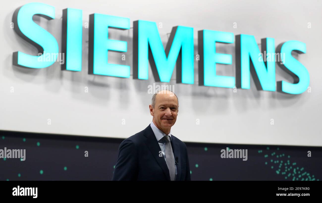 Munich Germany 03rd Feb 21 Roland Busch The New Ceo Of German Industrial Conglomerate Siemens Stands On Stage In Front Of The Siemens Logo During The Virtual Annual General Meeting Credit Matthias