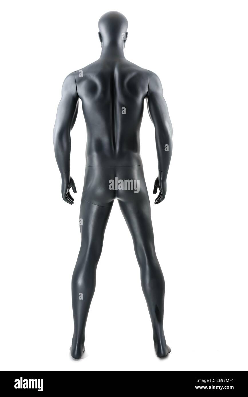 Male gray athletic mannequin doll or store display dummy isolated. Man gray clothing doll, muscular athletic build, great impressive physique. Front, Stock Photo