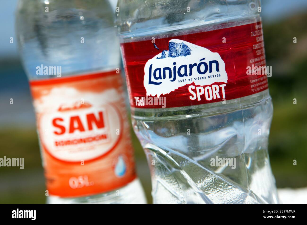 Bottles of Lanjaron and San Borondon mineral water from Spain Stock Photo