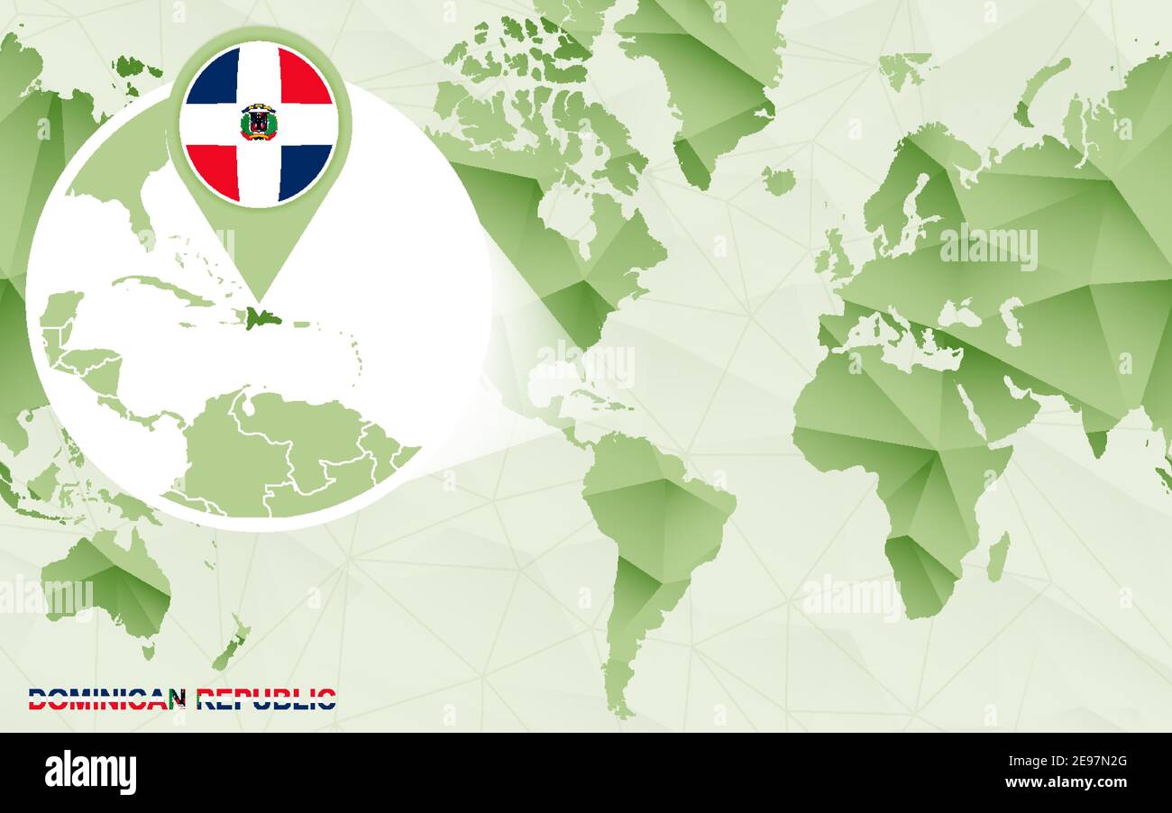 America Centric World Map With Magnified Dominican Republic Map Green America Centric World Map With Magnified Dominican Republic Map Green Polygonal World Map 2E97N2G 