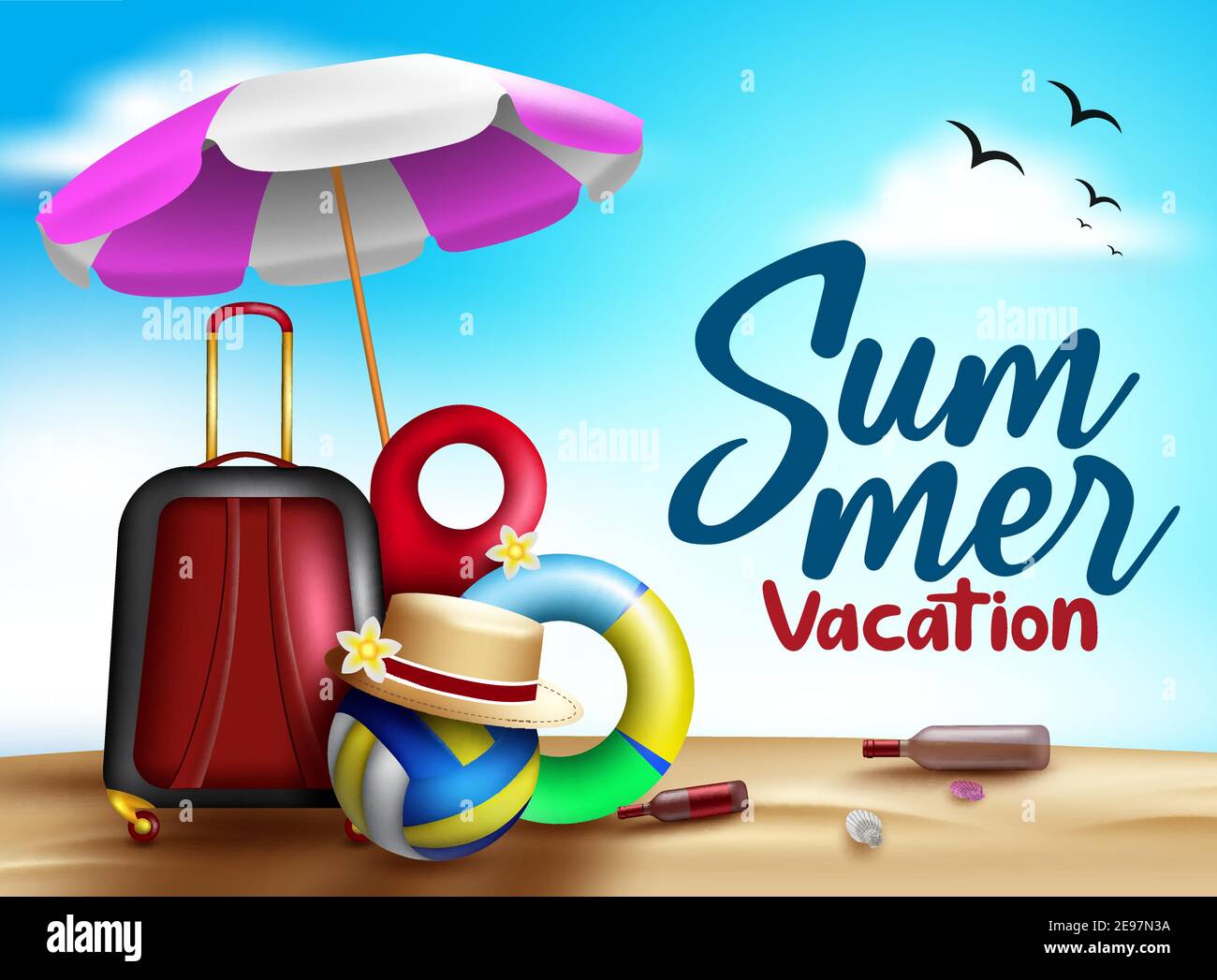 Summer vacation vector banner design. Summer vacation text in blue sky background with luggage travel bag and volleyball elements for fun outdoor. Stock Vector