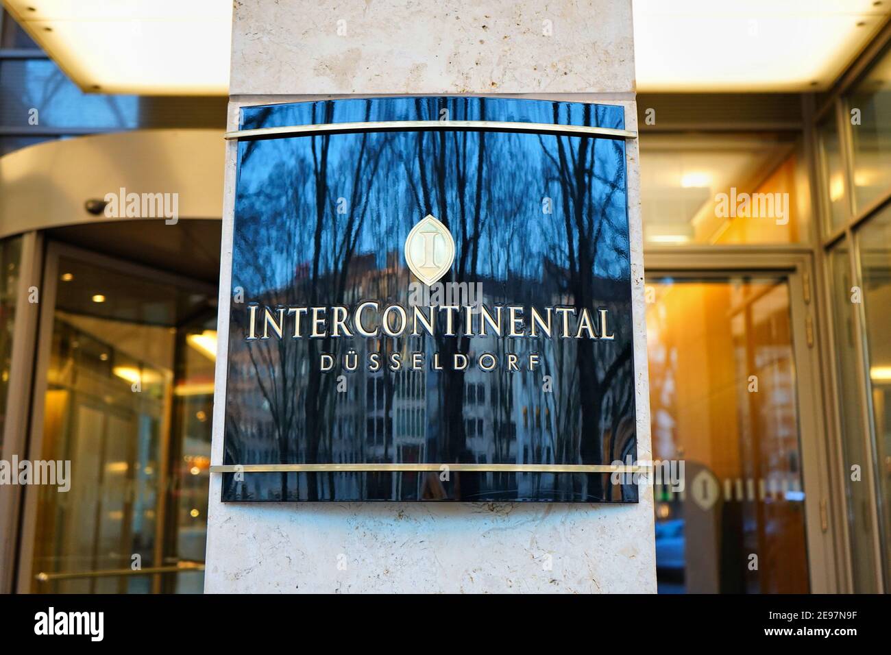 Entrance Logo of Intercontinental Hotel on Königsallee in downtown Düsseldorf. Stock Photo