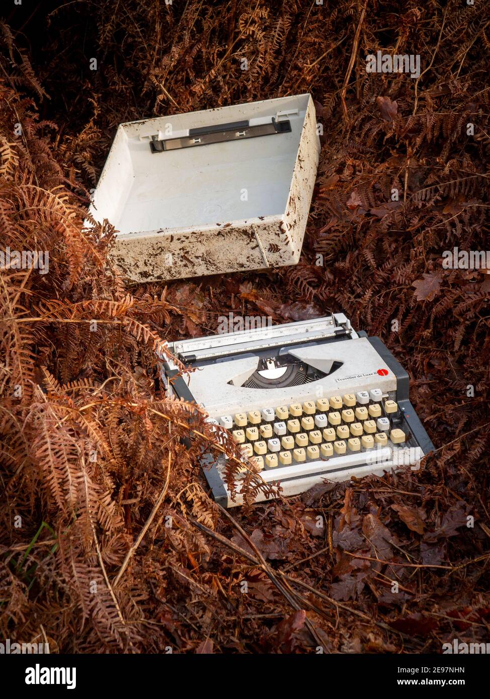 An unwanted portable typewriter dumped in a tangle of autumn bracken Stock Photo