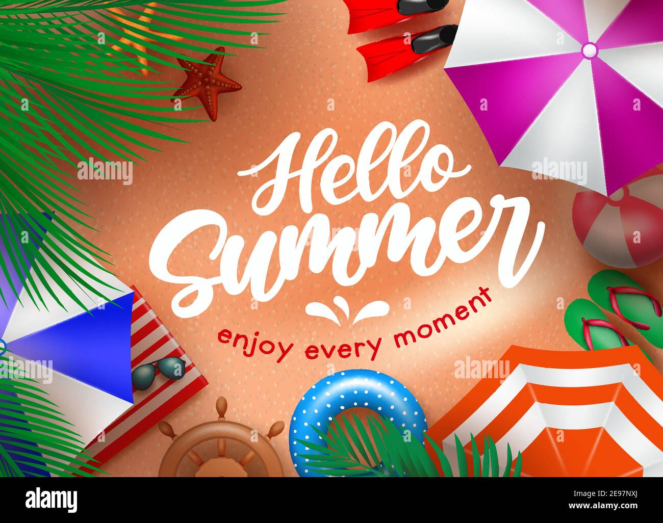 Hello summer vector background design. Hello summer enjoy every moment text in beach sand background with elements like umbrella and palm leaves. Stock Vector