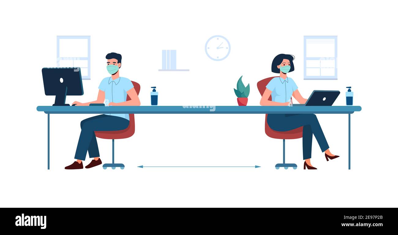 Social distance in the office. New safe work standards. Man and woman ...