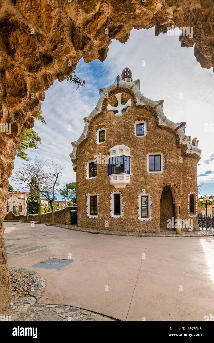 Porter's Lodge or Casa del Guarda pavilion, Park Guell, Barcelona, Catalonia, Spain Stock Photo