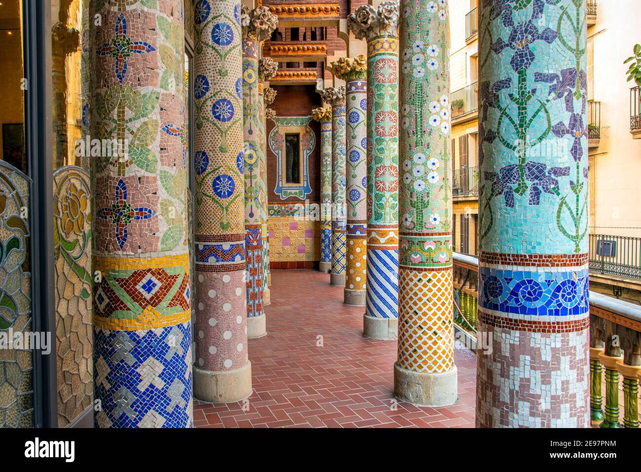 Columns tiled with mosaics, Palace of Catalan Music concert hall, Barcelona, Catalonia, Spain Stock Photo