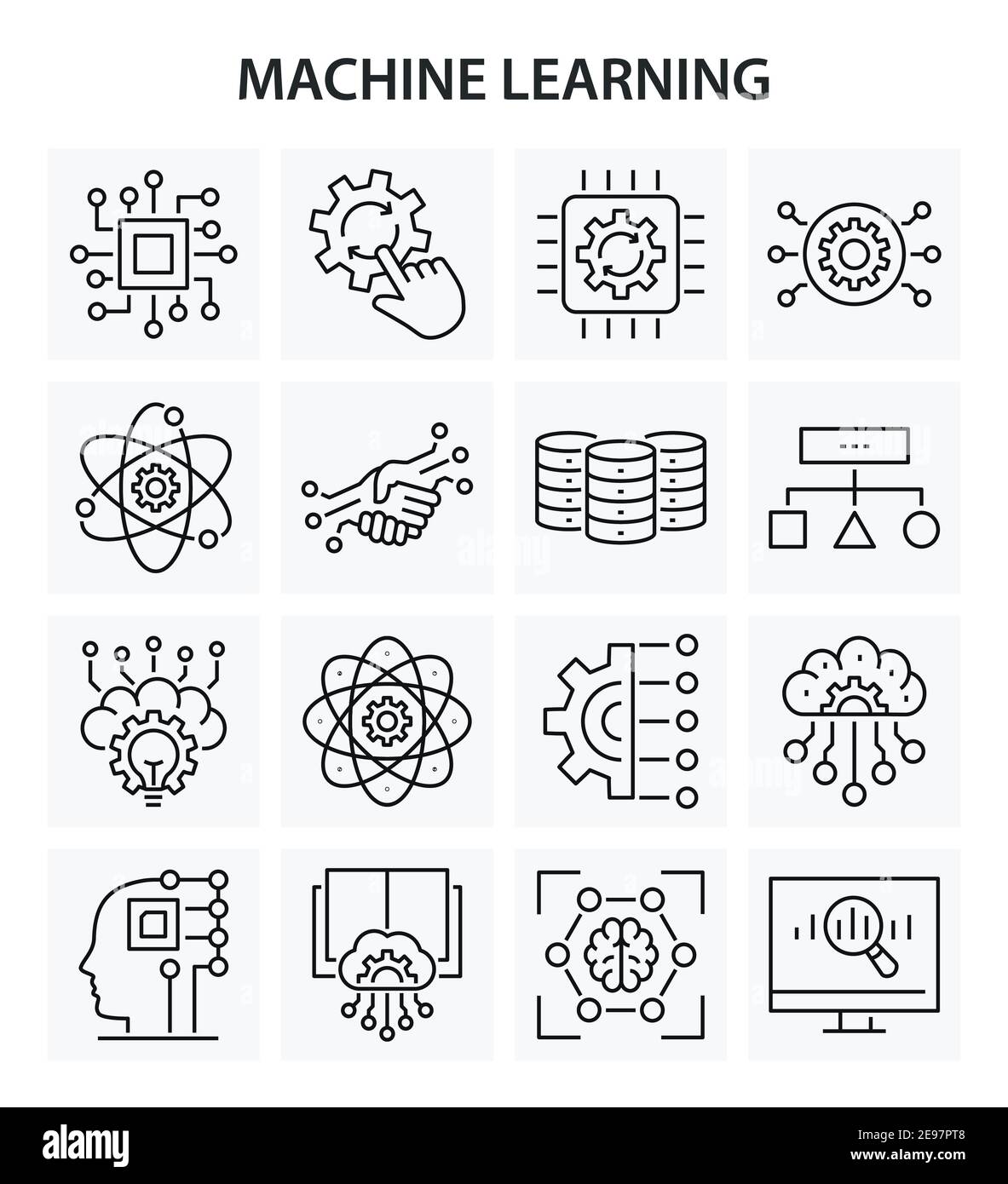 Machine learning icons, such as artificial intelligence, algorithm ...