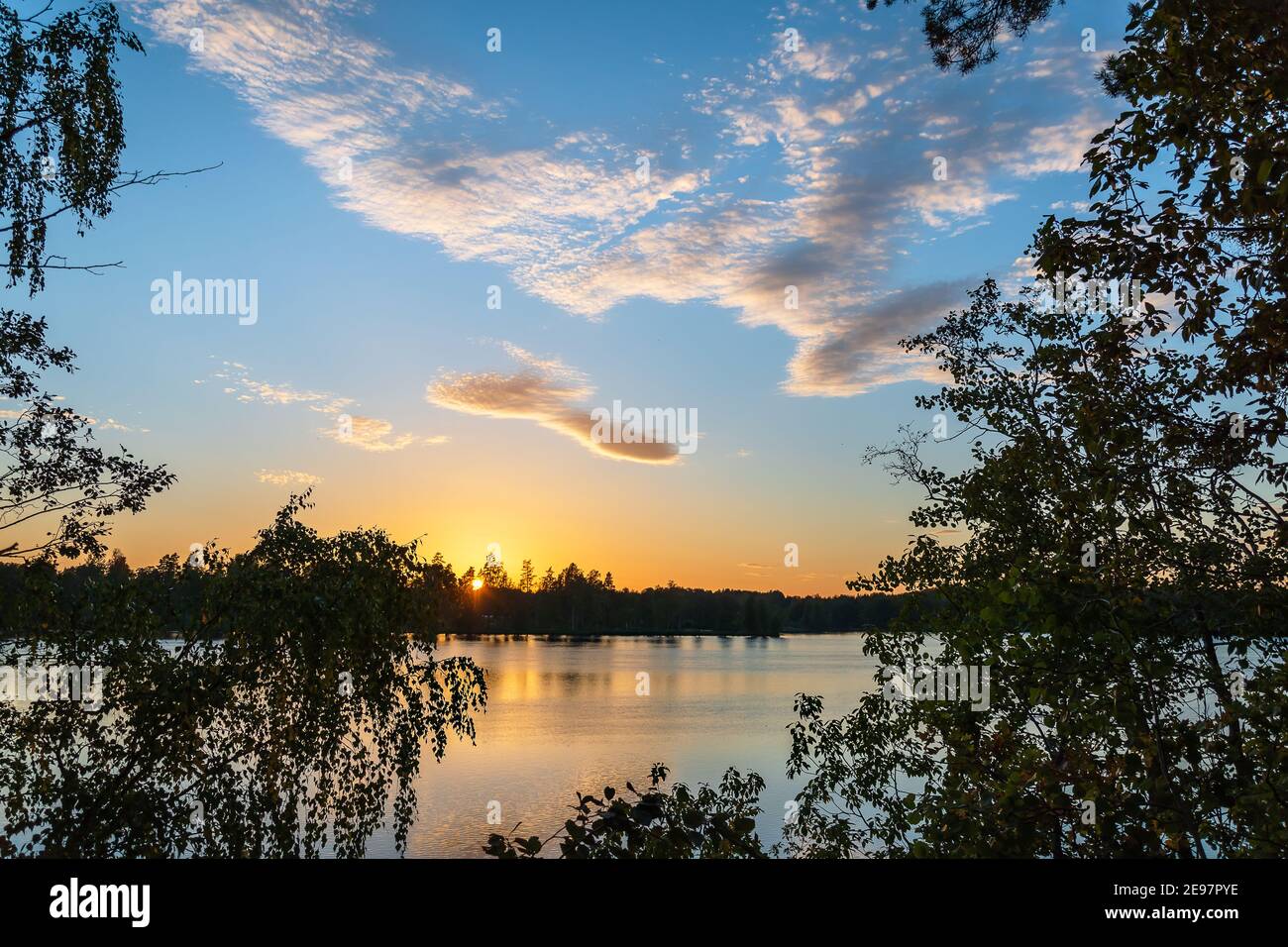 Sunset over the Swedish valley river that flows into the Baltic Sea Stock Photo