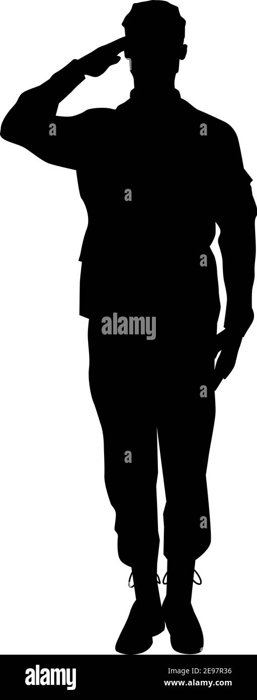 Male Soldier full body silhouette saluting ceremonial greeting army isolated on white background vector Stock Vector