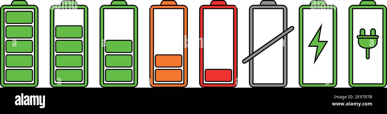 Battery icon set with charge level indicators vector isolated. Stock Vector