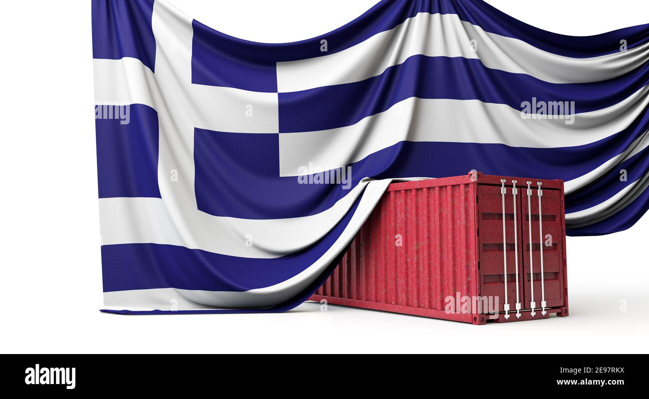 Greece flag draped over a commercial trade shipping container. 3D Rendering Stock Photo
