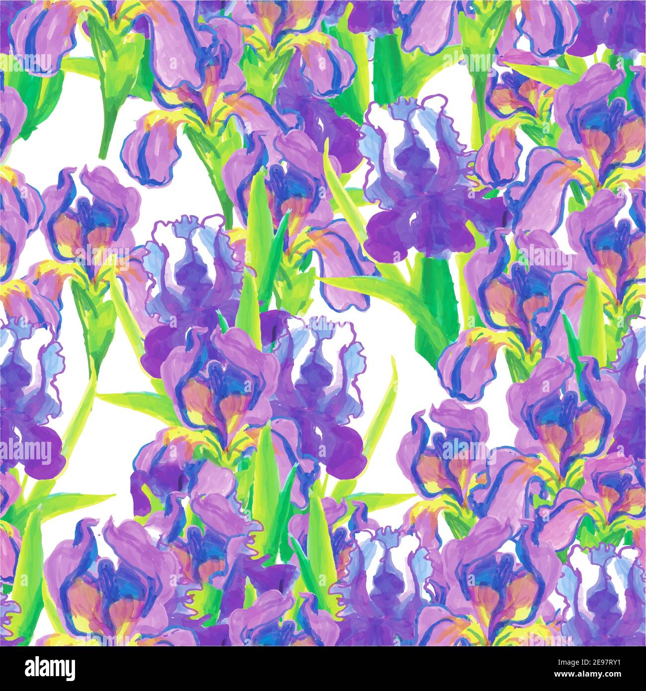 Seamless pattern pink irises on a white blue-purple pattern Stock Vector