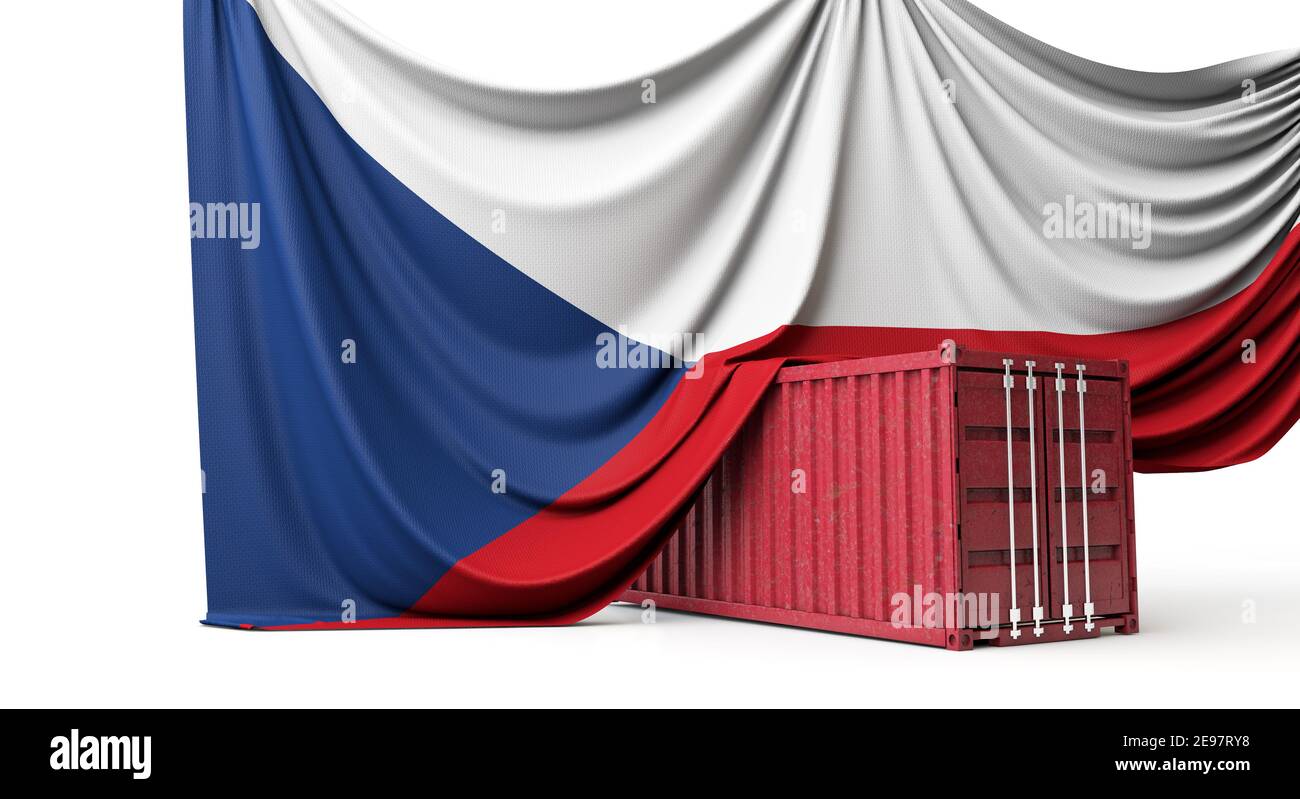 Czech Republic flag draped over a commercial shipping container. 3D Rendering Stock Photo