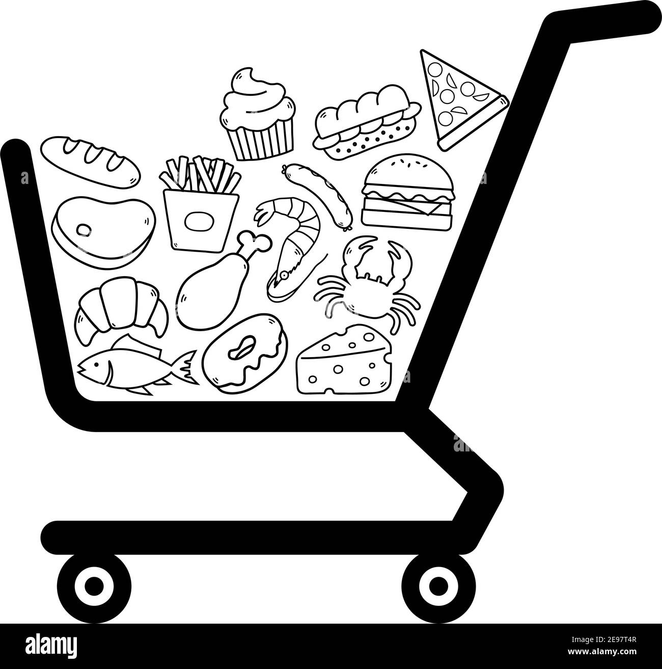 Abstract shopping cart with groceries from the supermarket - Vector illustration Stock Vector