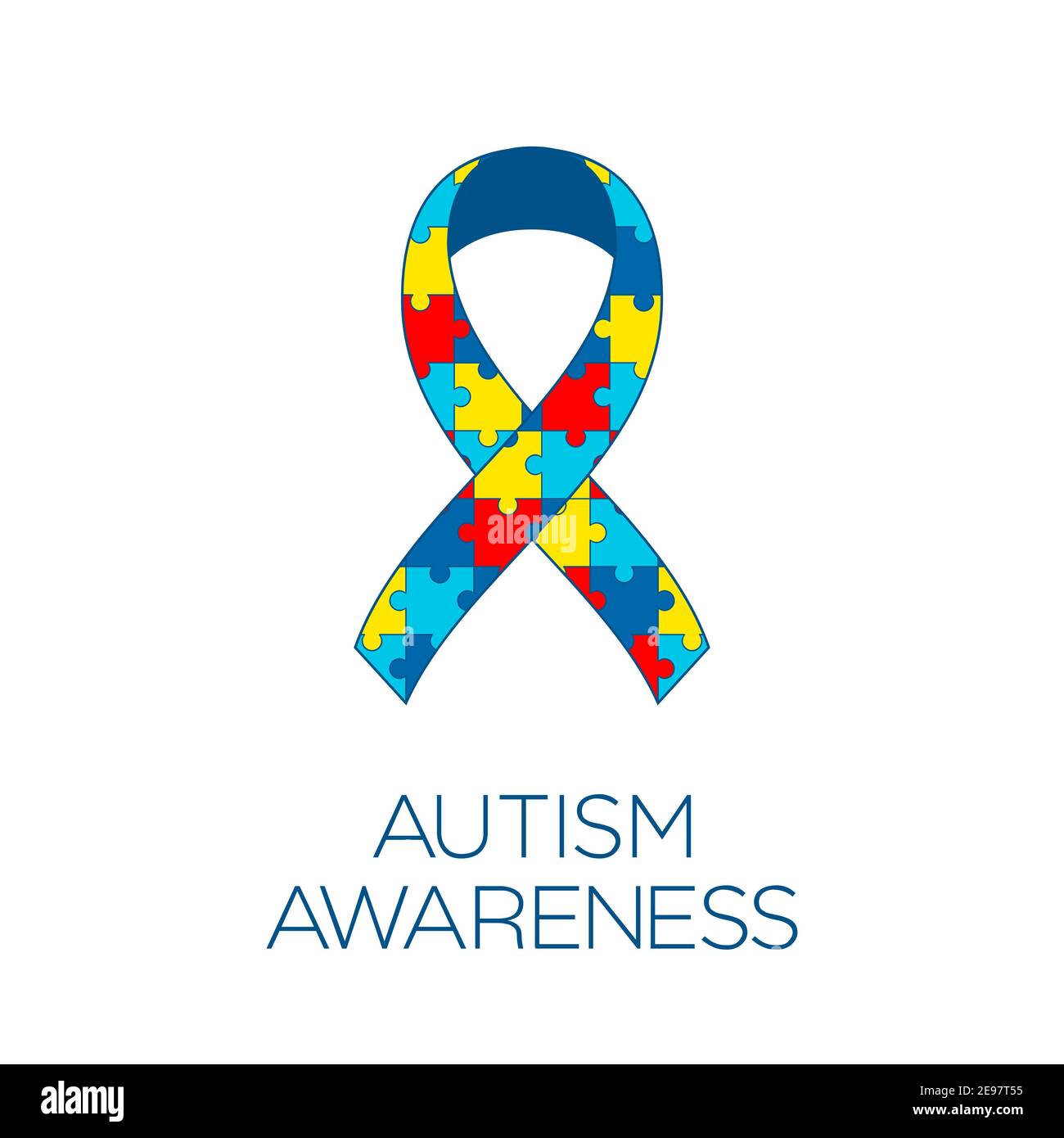Autism awareness ribbon. Colorful puzzle pieces bow. Jigsaw puzzle pattern ribbon. World autism awareness day. Autistic spectrum disorders. Vector Stock Vector