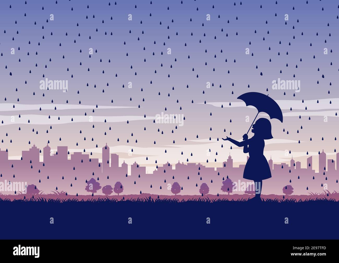 silhouette design of girl and umbrella in the middle of rain,vector illustration Stock Vector
