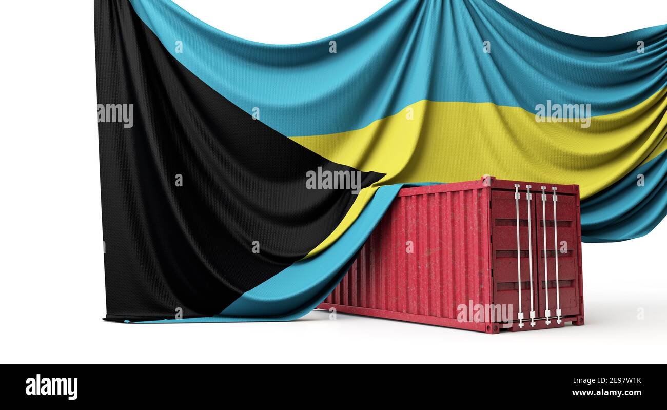 Bahamas flag draped over a commercial trade shipping container. 3D Rendering Stock Photo