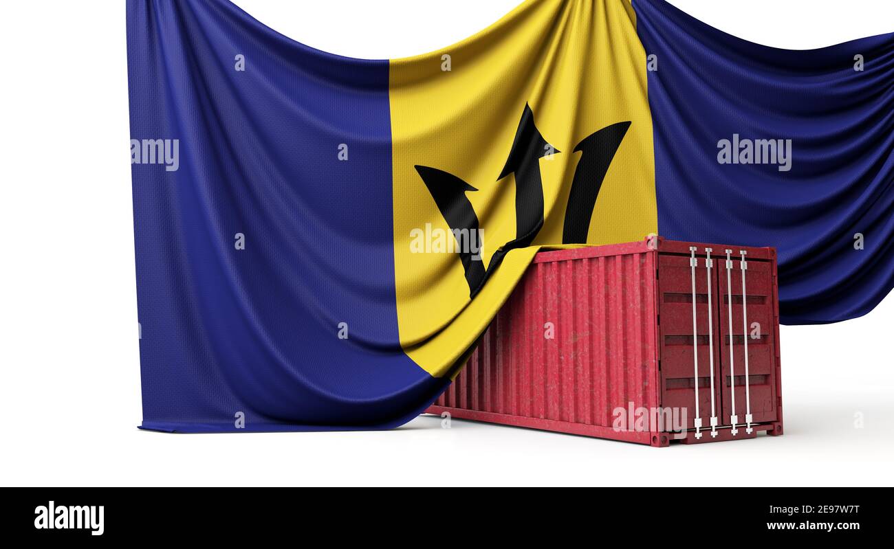 Barbados flag draped over a commercial trade shipping container. 3D Rendering Stock Photo