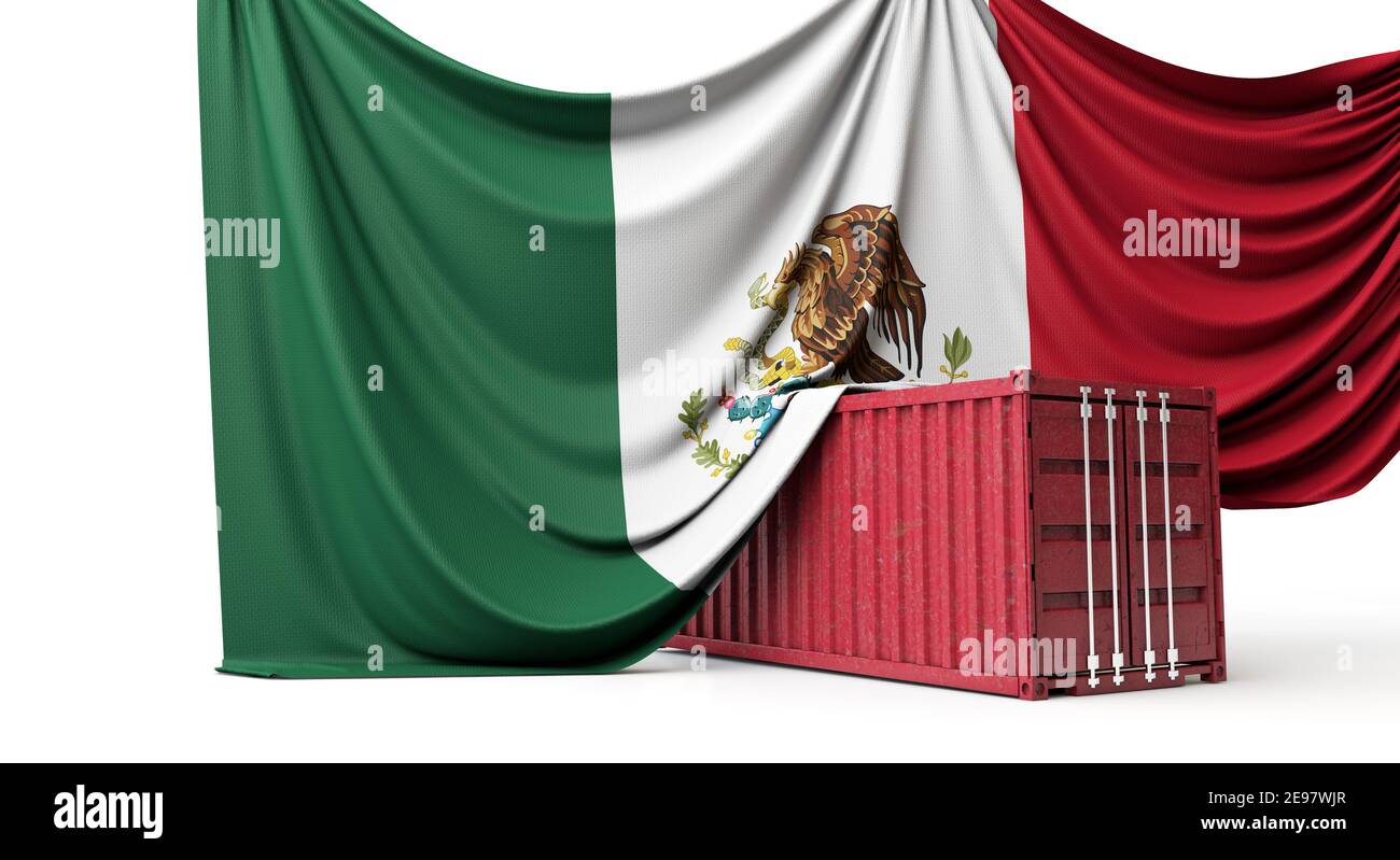 Mexico flag draped over a commercial trade shipping container. 3D Rendering Stock Photo
