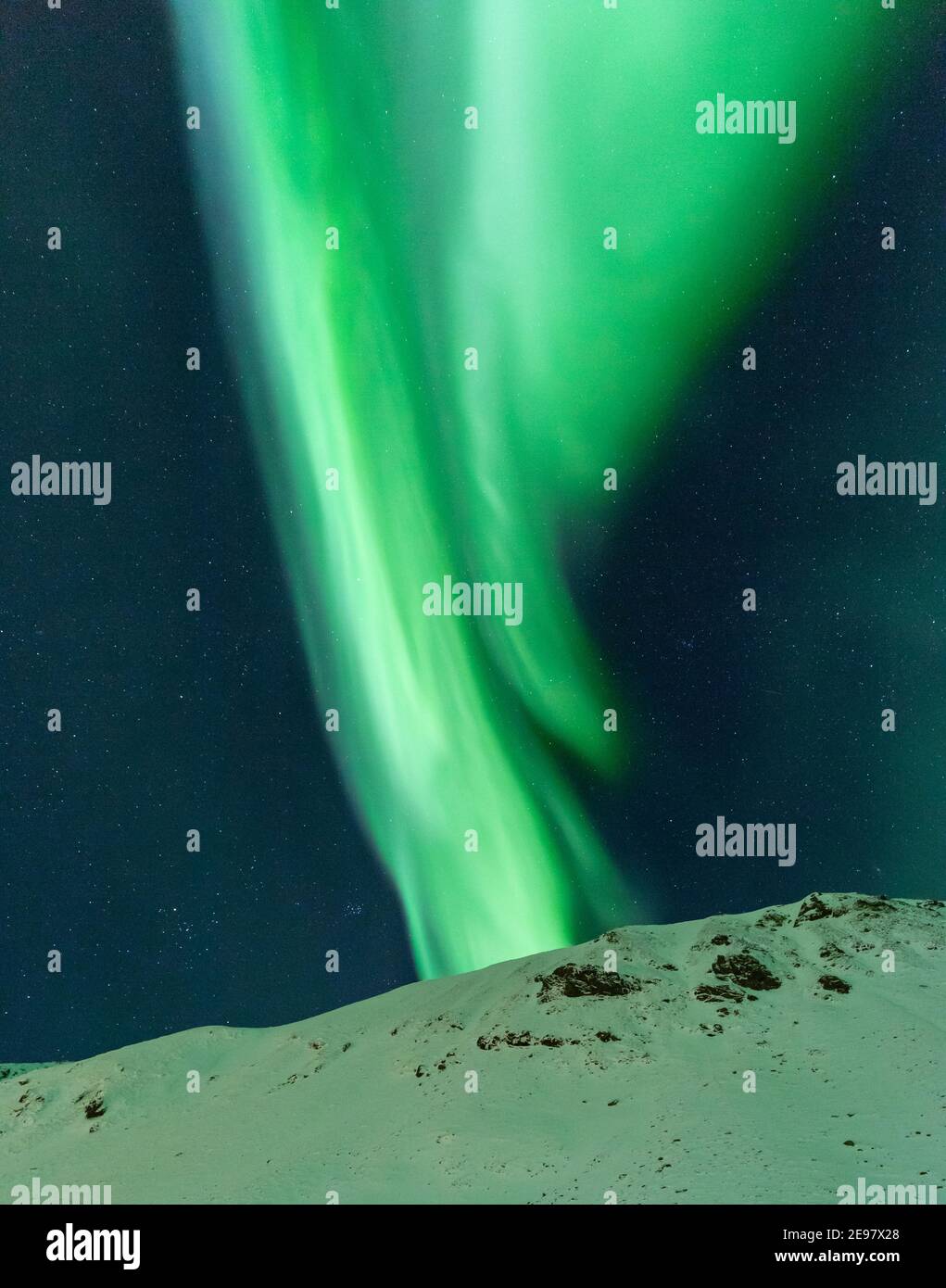 Green lights of Northern Lights over snowy peaks of Lofoten Islands. Wintertime night in