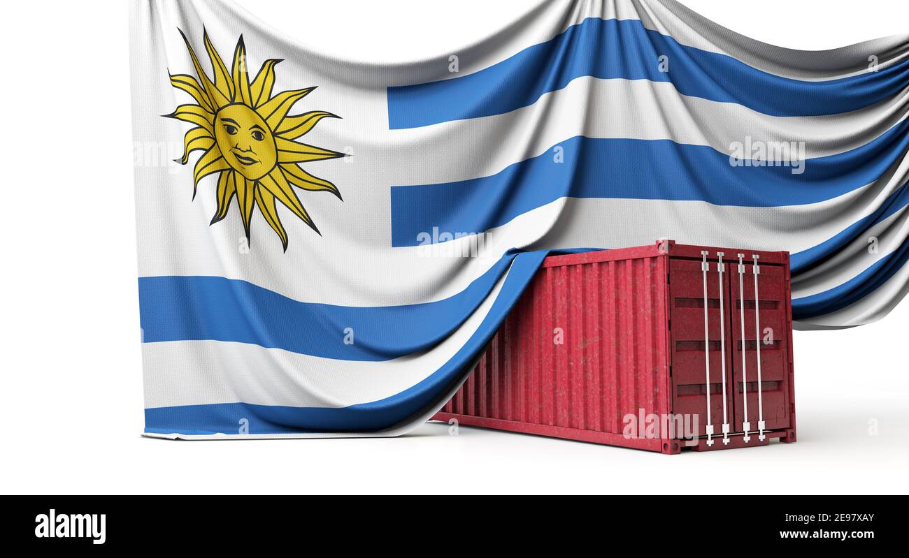 Uruguay flag draped over a commercial trade shipping container. 3D Rendering Stock Photo