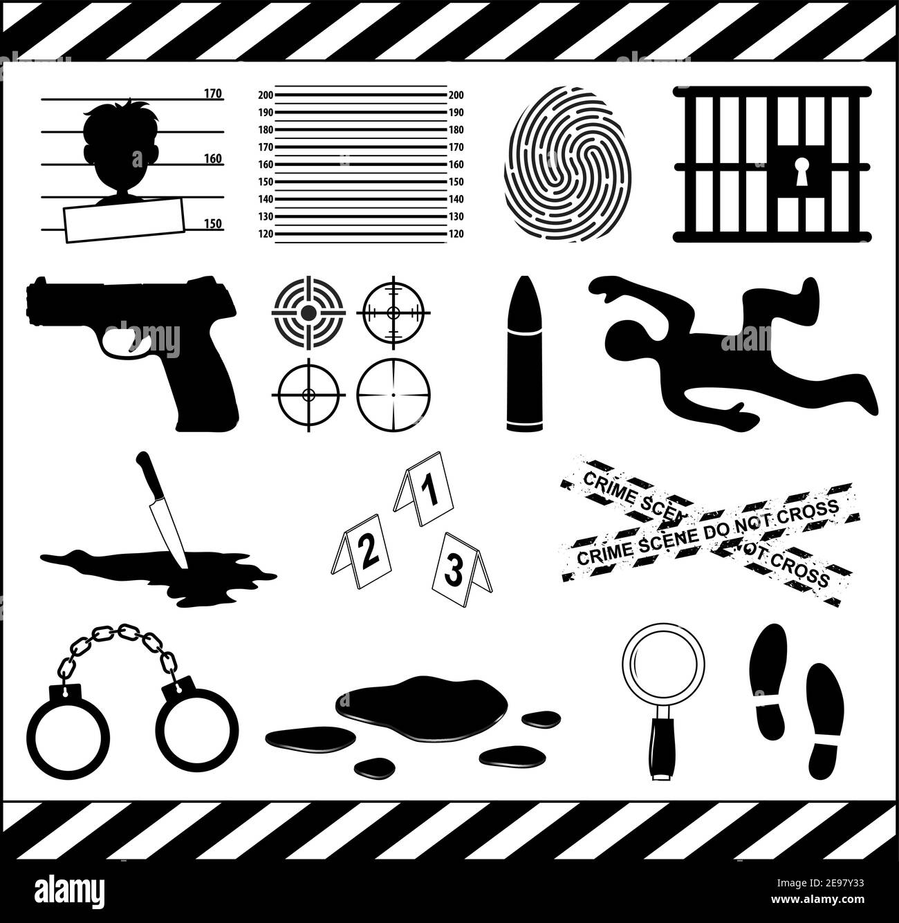 Crime icon set. Murder symbol collection. Criminal illustrations isolated on white background. Contains  murderer investigation, crime scene and outla Stock Vector