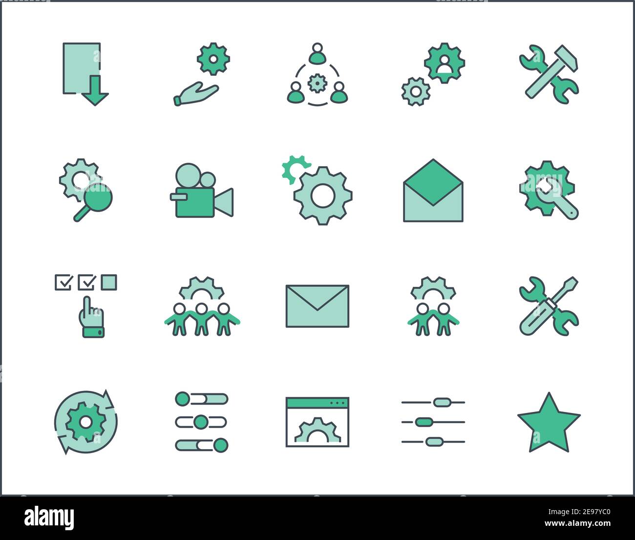 Set of Settings and Setup Vector Line Icons. Contains such Icons as Gear, Setting, Control, Iinstall, Options, Service, and more. Editable Stroke Stock Vector