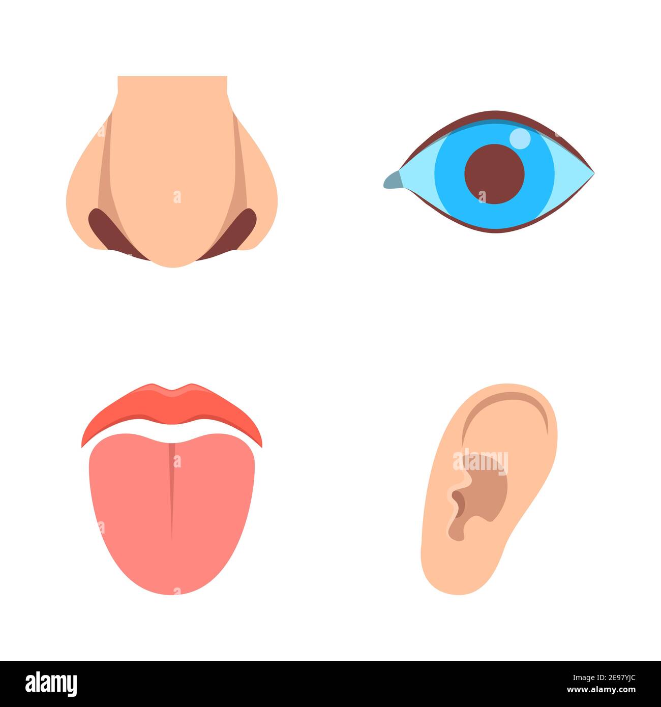 Sense organ icons set in flat style. Human perception elements - vision, hearing, taste, smell. Vector illustration. Stock Vector