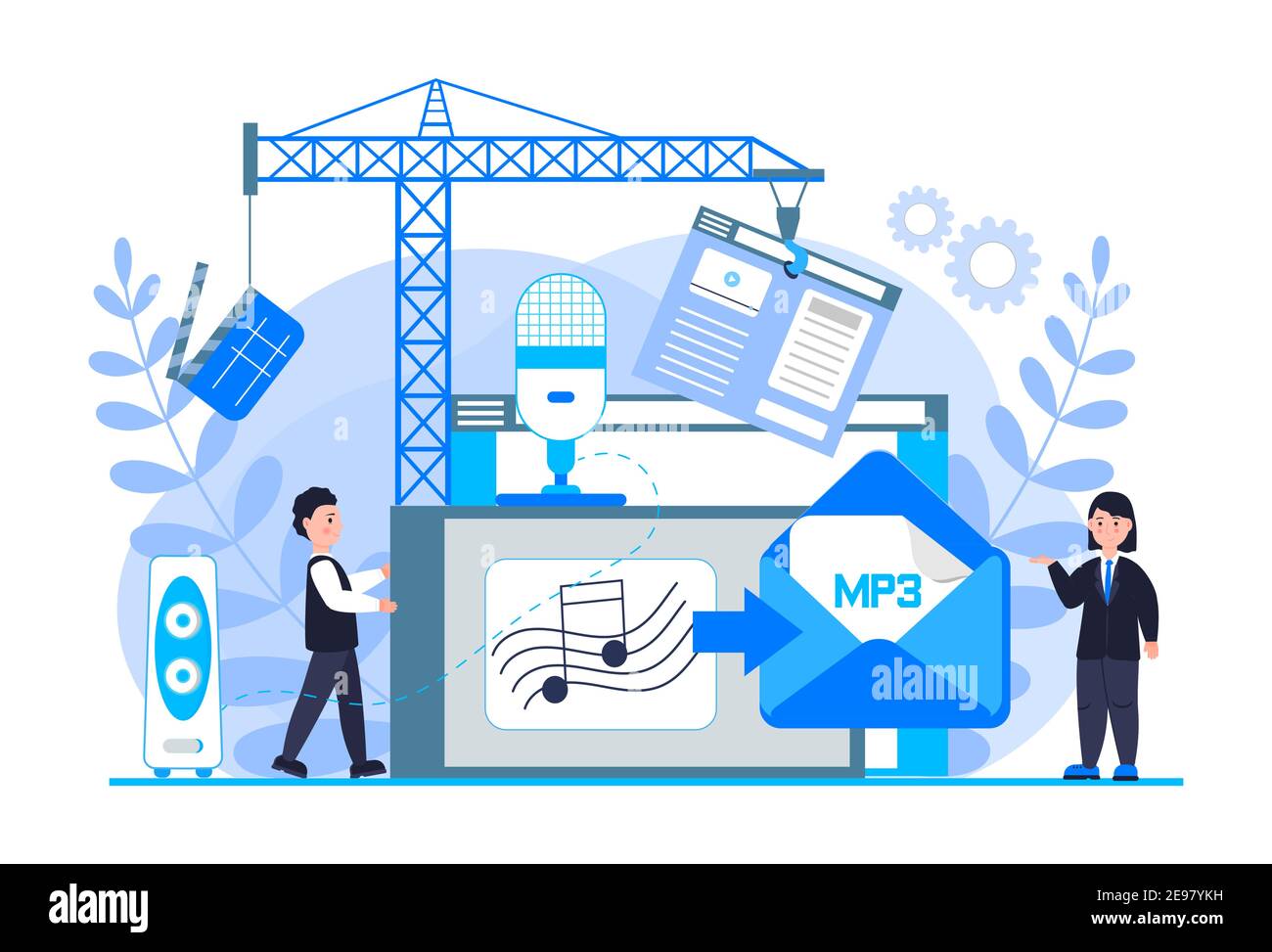 MP3 converter concept with tiny people. Screen with changing or converting process of document to another format. Audio compression. Flat vector illus Stock Vector