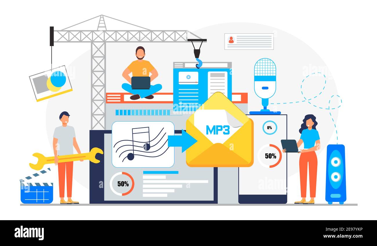 MP3 converter concept with tiny people. Screen with changing or converting process of document to another format. Audio compression. Flat vector illus Stock Vector