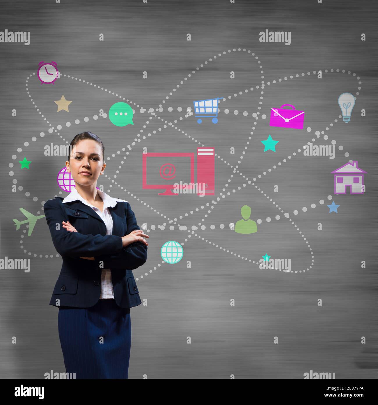 portrait of a young woman against the background of technological illustration Stock Photo