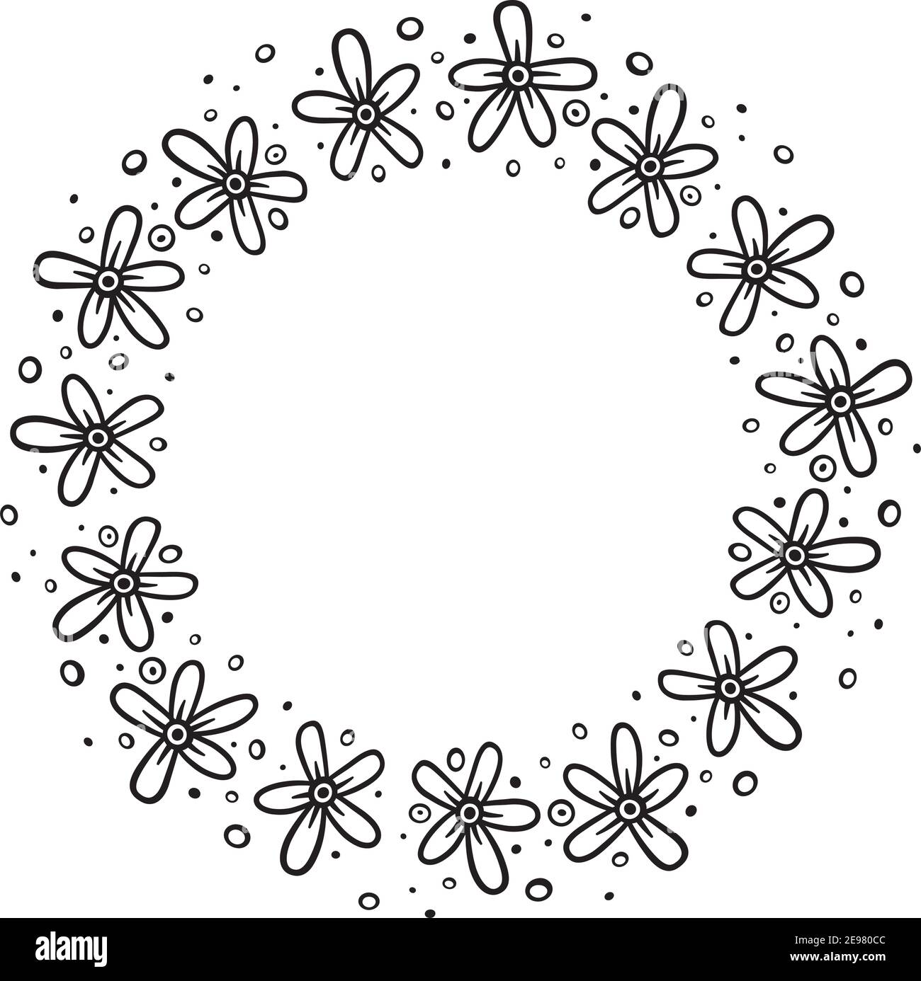 Vector illustration of a floral wreath in black line on white ...