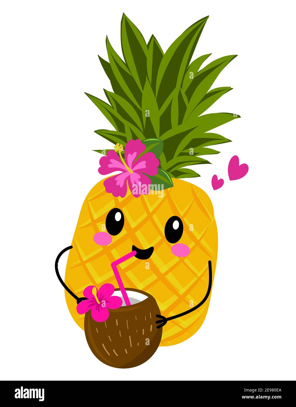 Cute pineapple fruit with coconut cocktail. Funny cartoon doodle ...